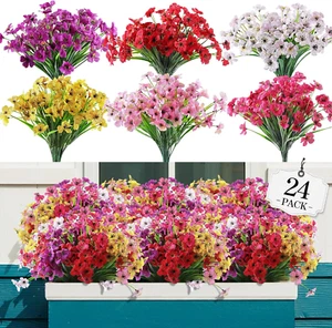 24 Bundles Artificial Flowers for Outdoor,No Fade Fake Plastic Flowers Faux Plan - Picture 1 of 12