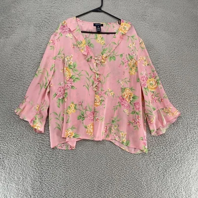 Jones New York Blouse Top Womens 3X Pink Silk Floral Ruffle Bell Sleeve - Image 1 of 4