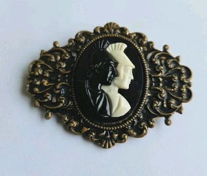 Vintage Bronze Celluloid Carved Cameo Warrior Rome Greek Brooch Pin. JL - Picture 1 of 4