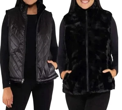 Nicole Miller Womens Reversible Puffer Vest Black Faux Fur XS Quilted Zip Up - Image 1 of 4