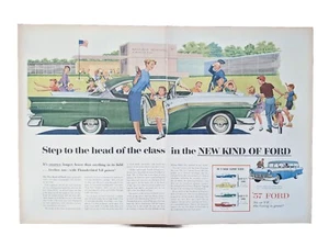 1957 Ford Motor Sedan Print Ad.  2 Door Hardtop Green & White Retro Double Page - Picture 1 of 1