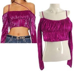 House of Harlow 1960 Revolve Top Blouse Crop Plisse Fuchsia Off Shoulder 2XS - Picture 1 of 12