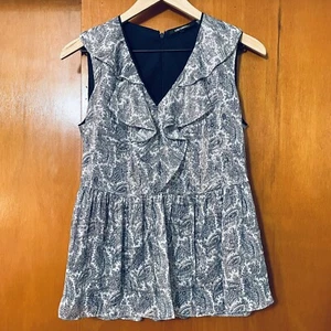 Kobi Halperin Silk Paisley Metallic Sleeveless Top Size Small Silver Navy - Picture 1 of 12