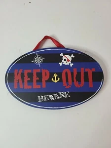 Boys Room Plaque Door Sign "Keep Out Beware" Oval Shape Blue Hanging 7.4" x 4.5" - Picture 1 of 6