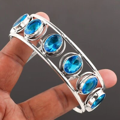 Blue Topaz Gemstone Handmade 925 Sterling Silver Ethnic Jewelry Bracelet Cuff - Image 1 of 4