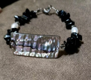 Abalone & schwarzer Edelstein Armband 7,5-8 Zoll - Bild 1 von 10