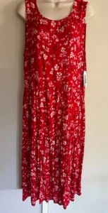 WOMEN SLEEVELESS SPRING/SUMMER MAXI DRESS W/TIERS, RED W/FLORAL PRINT L/XL NWT! - Picture 1 of 10