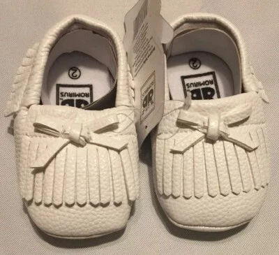 Zapatos Mocasines Romirus Bebé Blanco, Talla 2, Cuero Sintético, Plantilla Acolchada, Nuevos con Etiquetas Foto 1 de 4
