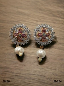Pendientes finos de pernos de diseño de Bollywood chapados en oro indio AD CZ - Imagen 1 de 13