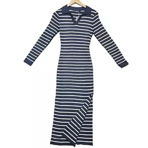 Maxi Vestido Tejido MIROL Para Mujer Azul Marino Rayas Bodycon Manga Larga Cuello en V Abertura Lateral S - Imagen 1 de 12