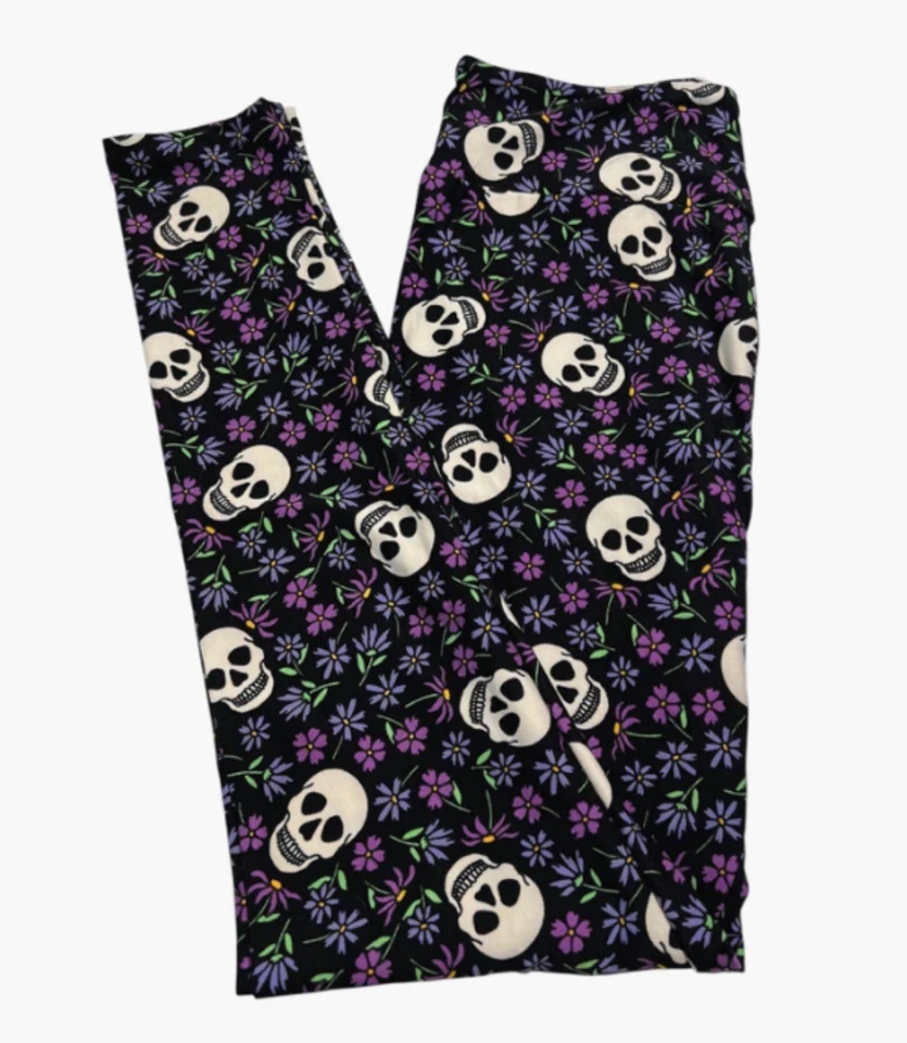 LuLaRoeLeggings OS One Size PURPLE WHITE Colorful Skull HALLOWEEN GRAVE Flower - Image 1 of 4