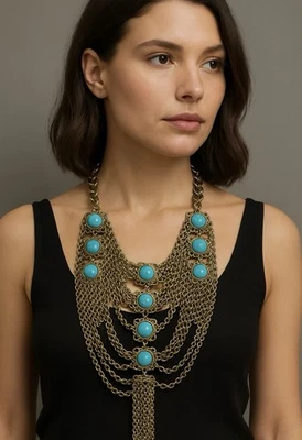 Vintage Fringe Turquoise Necklace Statement Bold Gold Estate Jewelry Book Chain - Image 1 of 4