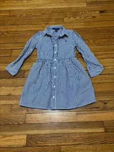 Polo Ralph Lauren abito bambina taglia 6 blu bianco righe manica lunga bottoni - Foto 1 di 6