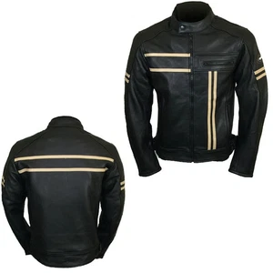 Mens Cafe Racer Biker Leather Jacket Black Cowhide Retro Motorcycle Style Jacket - Picture 1 of 6