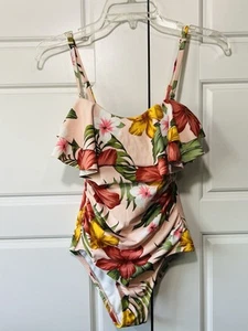Kona Sol Rüschen Hawaii Blumen Einteiler Badeanzug mit verstellbaren Trägern Small - Bild 1 von 6