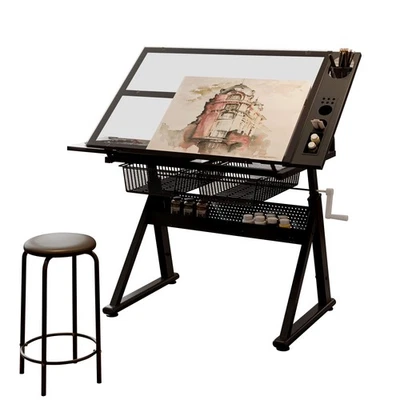 Drafting Table with Chair,Adjustable Tilt Tempered Glass Top  Desk with Storage - Image 1 of 4