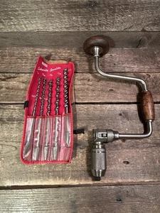 Vtg. STANLEY Bit Brace No 965N 10"' Reversible Ratcheting Hand Drill & 5 Bits - Picture 1 of 16