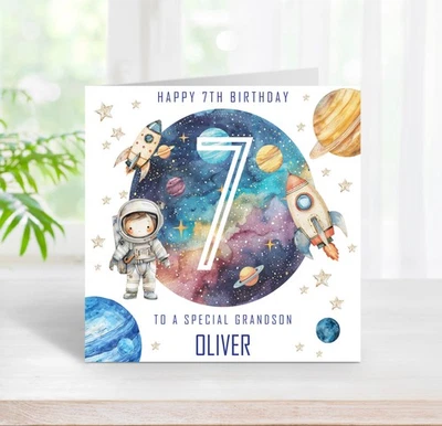 7th Birthday Card Space Astronaut Planets, Personalised Blue Boy Age 7 (C195) - Image 1 of 2