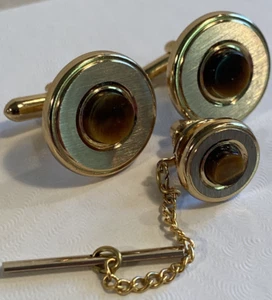 Vintage Amber Colored Rhinestone Gold Tone Cufflinks & Tie Tack. #31 - Picture 1 of 3
