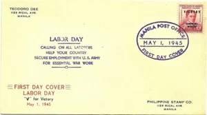 PHILIPPINES 1945 VICTORY FIRST DAY COVER MANILA POST OFFICE LABOR DAY 1945 - Picture 1 of 2