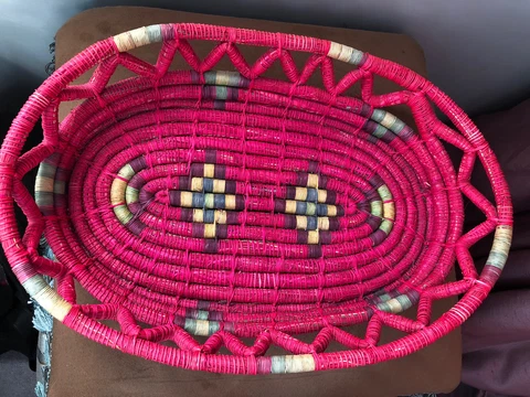 Vintage Hand Woven Coil Basket Oval Shallow 16 X 12 X 3” Pink Multi Dyed Grass Cover