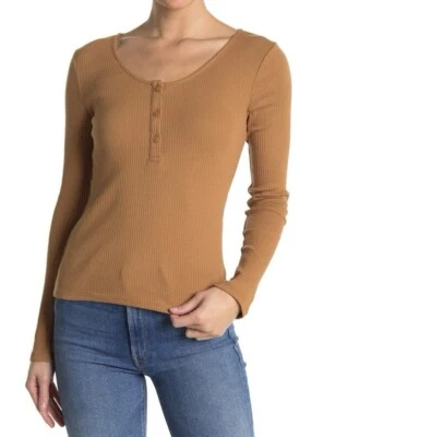 NWT Vera Moda Ribbed Knit Henley Long Sleeve Top Tobacco Brown Medium Foto 1 de 4