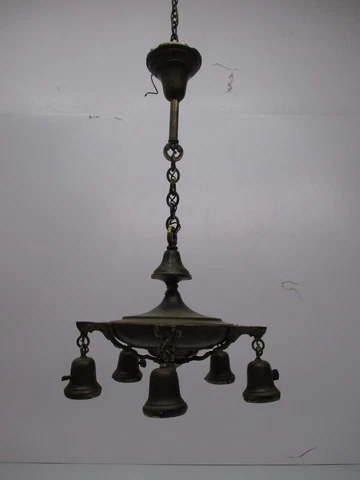 Vtg Art Deco Nouveau Brass 5 Arm Pan Chandelier Hanging Ceiling Light Fixture Cover