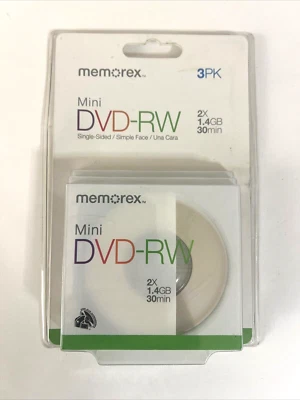 MEMOREX Mini DVD-RW Camcorder Discs 3 Pack 2X 1.4GB 30 min Single Sided - Image 1 of 4