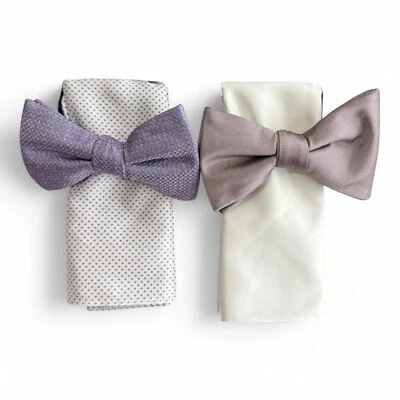 Paquete de 2 pajaritas y cuadrados de bolsillo Alfani para hombre preatados lavanda punto malva $110 Foto 1 de 4