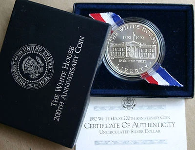 1992 D White House Commemorative 90% Silver Dollar BU Coin US Mint Box and COA - Image 1 of 4