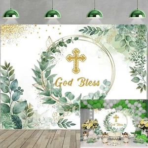 God Bless Backdrop First Communion Baptism Party Decorations 8x6FT Kids Green... - Picture 1 of 7
