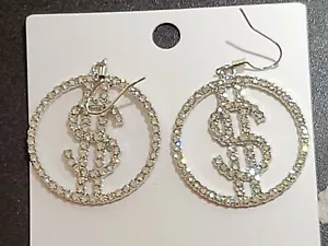 Trendy Rhinestone Circle Dollar Sign Drop Dangle Earrings With Gift Box ๐ - Picture 1 of 21