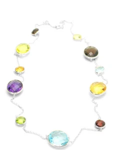 14K White Gold Necklace With Multi-Color Oval and Round Gemstones 20 Inches - Picture 1 of 2
