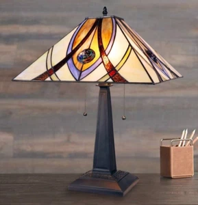Tiffany Style Table Desk Lamp Mission Arts Crafts Stained Glass 22" Tall 2 Bulb - Picture 1 of 7