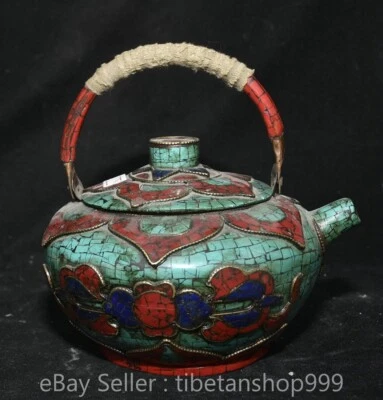 6.8" Old Tibet Copper Inlay Turquoise Dynasty Palace Portable TeaPot Kettle - Image 1 of 4