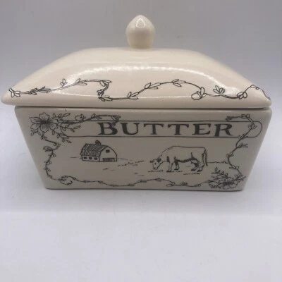 Plato de mantequilla de gres con cubierta "Spread The love", vaca, granja se adapta a 1 lb Foto 1 de 4
