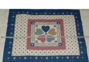 Blue/Pink/Cream "Hearts" Fabric Panel 46"x26" Cotton Blend  T83 - Picture 1 of 2
