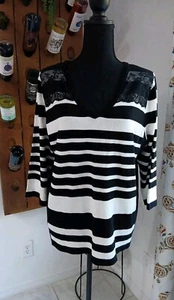 Lane Bryant Black White Striped V Neck Pullover Sweater Lace/Solid Side Panels - Picture 1 of 9