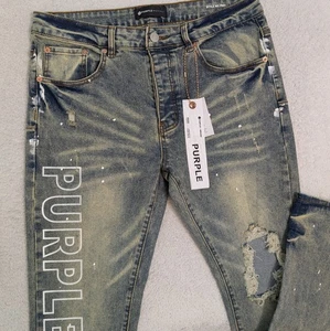 NEW Purple-Brand Paint Splatter Jeans P001 Men 36/32 Slim Fit Low Rise Acid Wash - Picture 1 of 9