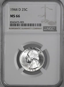 1944-D  25C WASHINGTON SILVER QUARTER "DENVER MINT" NGC MS66 #8343475-005 - Picture 1 of 4