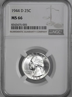 1944-D  25C WASHINGTON SILVER QUARTER "DENVER MINT" NGC MS66 #8343475-005 - Image 1 of 4