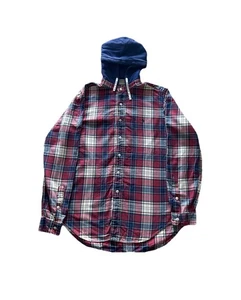 Vintage 90s Polo Ralph Lauren Shirt Men Small Red Plaid Flannel Button Up Hoodie - Picture 1 of 7