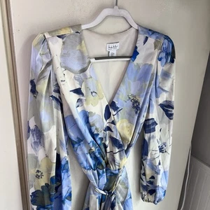 Nicole Miller Faux Wrap Tie Dress Size Medium Floral Watercolors Satin Summer - Picture 1 of 16