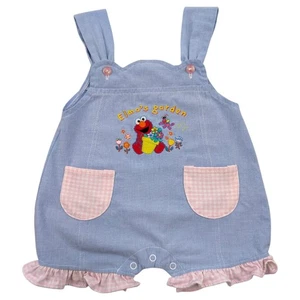 VTG Sesame Street Elmo Girls Overalls Bubble Romper Garden Gingham Baby 3/6 Mths - Picture 1 of 7