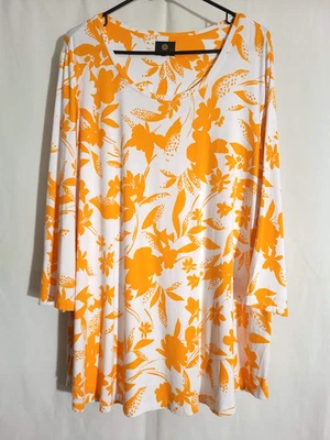JM Collection-Orange White Floral 3/4 Sleeve Round Neck Knit Top Tunic-2X - Image 1 of 4