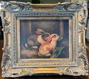 Dipinto olio coniglio vintage firmato in cornice oro ornato casetta casale arte - Foto 1 di 3