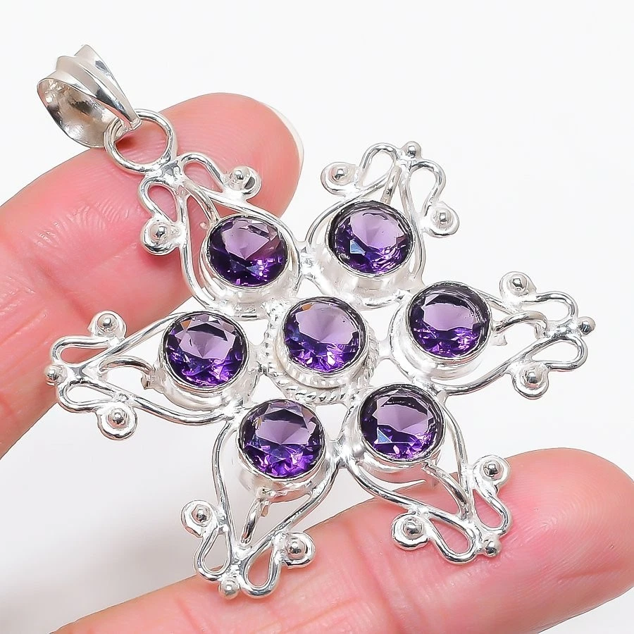 Purple Amethyst Gemstone Handmade 925 Sterling Silver Jewelry Pendant Size 2.6" - Image 1 of 1