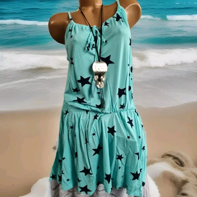  Beach Time Kleid Strandkleid weich fallend Türkis blau mit Sternen (450)  - Bild 1 von 3