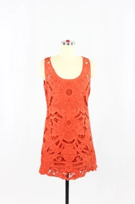 VIVIENNE TAM Vestido Mini Cambio Naranja Oscuro Rojo Lino Algodón Encaje Veneciano, Talla 0 Foto 1 de 4