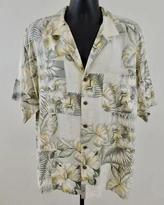 TOMMY BAHAMA 100% SILK Mens Large Yellow Green Floral Hawaiian S/S Button Shirt - Image 1 of 4